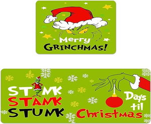 Grinchmas  Set of 2, Christmas Rug Decorations Kitchen Bathroom Door Mats Non Slip Comfort Standing Mat for Floor