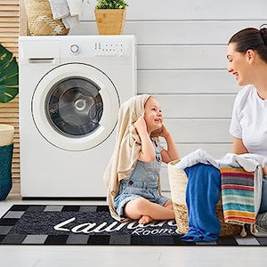 Machine Washable Checkered Border Laundry Room Rug Non-Slip Rubberback 2x3 Laundry Area Rug