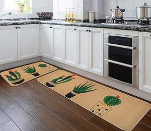 Green Plant Decorative Kitchen Mats Set of 2, Non-Slip Washable Kitchen Floor Rugs, with Rubber Backing Holiday Party-Profile Doormat (Cactus)