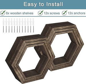 Hexagonal Floating Shelves Wall Mounted Set of 3 Wood Farmhouse Storage Honeycomb Wall Shelf for Bathroom, Kitchen, Bedroom, Living Room, Office,Driftwood Finish