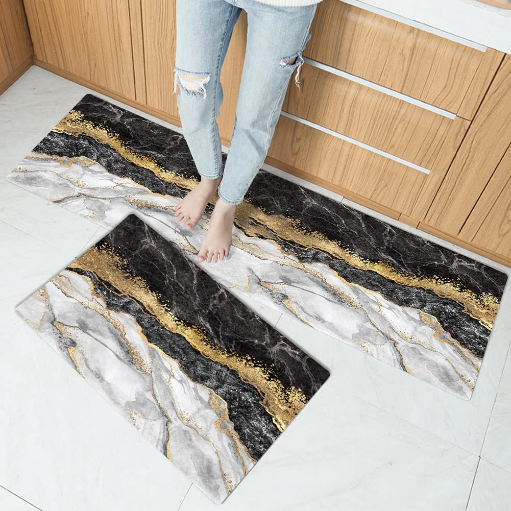 2 Pieces Black and Gold Kitchen Runner Mats Non-slip Geometric