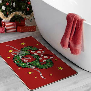 Non-Slip Christmas Believe Mouse Wreath Red Decorative Front Door Mat, 17x29 Inch