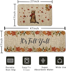Set of 2, It's Fall Y'all Cat Kitchen Mats 17x27 and 17x47 Inch