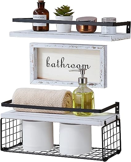 Hanging Bathroom Shelves Over Toilet with Wall Decorative Logo – White