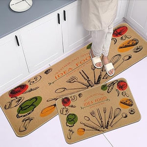 Green Plant Decorative Kitchen Mats Set of 2, Non-Slip Washable Kitchen Floor Rugs, with Rubber Backing Holiday Party-Profile Doormat (Cactus)