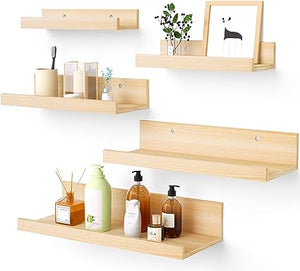 Set of 5, Wall Mounted Wood Shelves for Bedroom, Living Room, Bathroom, Kitchen, Small Picture Ledge Shelves