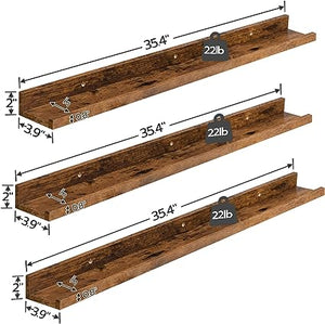 Floating Shelves, Wall Shelf Set of 3, 35.4 Inches Hanging Shelf with Raised Edge and Invisible Brackets, Rustic Brown BF90BJ01