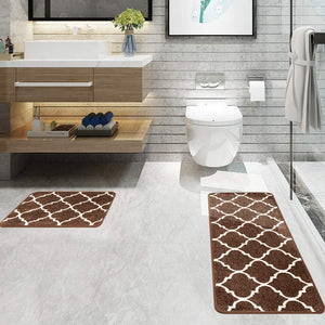 2 Pieces Set Absorbent Soft Microfiber Bath Mat Moroccan Trellis Non-Slip Kitchen Rugs - 17"x48"+17"x24", Grey