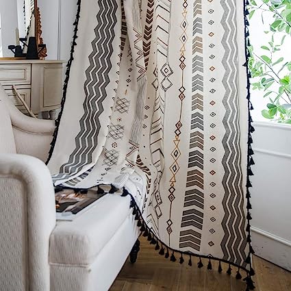 Bohemian Geometric Tassel Window Curtains - 2 Panels Semi Blackout Cotton Blend Farmhouse  (Bohemian, 52