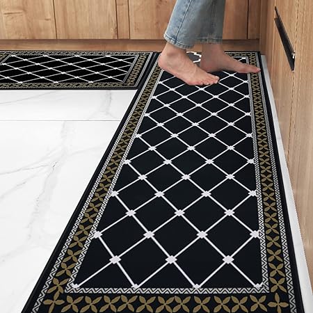 Washable-Kitchen-Mats-for-Floor Non-Slip Kitchen Mats Set of 2 Absorbent Kitchen Runner,19.7 X 31.5”+19.7 X 47.2”, Black