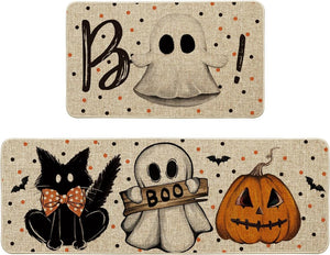 Bats Black Cats Boo Pumpkin Halloween Kitchen Mats Set of 2, 17x29 and 17x47 Inch