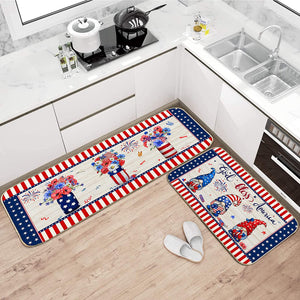 Set of 2 Piece Fourth of July Gnomes Stars Stripes Independence Day Floral Kitchen Mats