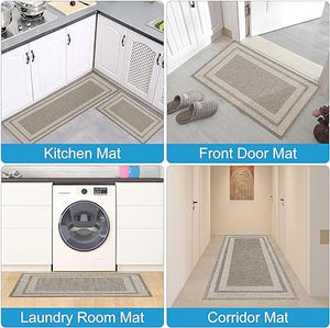 Set of 2 Non-Slip Washable Kitchen Rugs for in Front of Sink.Hallway, Laundry Room 17.3"x30"+17.3"x47" (Beige)