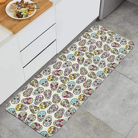 Farting Colorful Mexican Sugar Skull Kitchen Mat Comfort Rugs Non-Slip Kitchen Rug