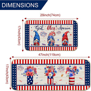 Set of 2 Piece Fourth of July Gnomes Stars Stripes Independence Day Floral Kitchen Mats