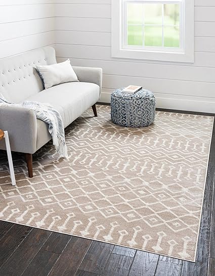 Geometric Kasbah Trellis Collection Rug – 2' X 10' Runner Beige Low Pile Rug