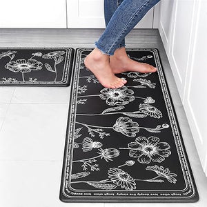 Set of 2 Cushioned Black Non-Slip Waterproof Kitchen Rugs, 17x29 and 17x47 Inch