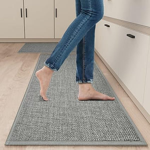 Rubber Backing Cushioned Non Slip Kitchen Rugs , Washable for Kitchen, Office, Home, 17.3"x47"+17.3"x30" (Brown)