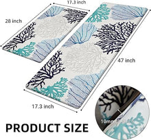 Set 2 Pcs Anti Fatigue Ocean Themed Coral Non-Slip Comfort Standing Cushioned for Kitchen, Home, Laundry (17.3" x28" + 17.3" x 47" 2/5 Inch Thick, Blue/Teal)