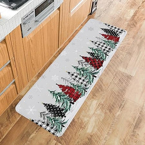 Set of 2 Anti-Fatigue Black and Green Gray Buffalo Xmas Tree Non-Slip  Runner Rug, 16x24n+16x47in