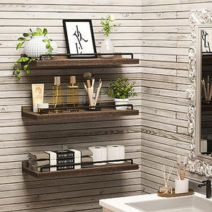 Floating Shelves for Wall Decor Bathroom Shelves Over Toilet, Farmhouse Wall Shelves for Living Room, Bedroom, Picture Frames, Plants, Kitchen (Dark Brown, Set of 3)