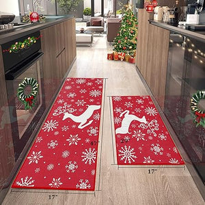 Non-Slip Decorative Xmas Holiday Snowflake and Christmas Deer Kitchen Mat 2 Pieces, 17"x29"+17"x47"