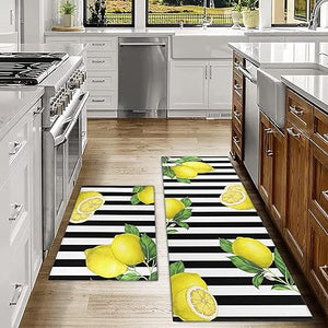 2 Piece Washable Non-Slip Black Boho Kitchen Mats