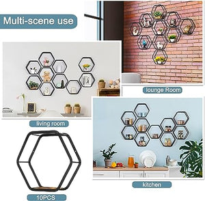 Hexagonal Floating Shelves Wall Mounted Set of 3 Wood Farmhouse Storage Honeycomb Wall Shelf for Bathroom, Kitchen, Bedroom, Living Room, Office,Driftwood Finish