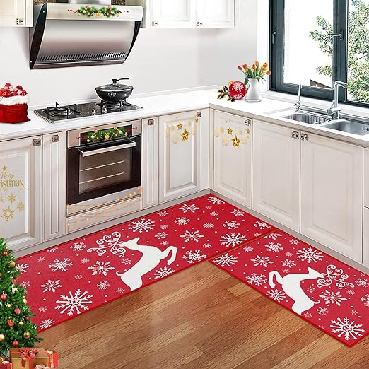 Non-Slip Decorative Xmas Holiday Snowflake and Christmas Deer Kitchen Mat 2 Pieces, 17