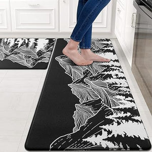 Black and White Marble Anti-Fatigue Kitchen Rugs Set Non-Skid