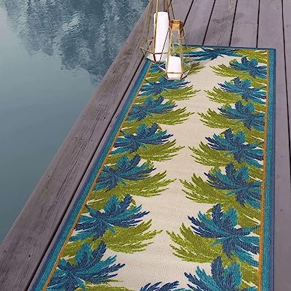 Tropical Floral Border Non-Shedding Outdoor Rugs - 2' x 7