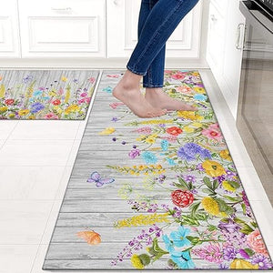 2 Piece Washable Non-Slip Black Boho Kitchen Mats