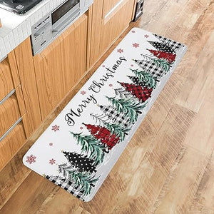 Set of 2 Anti-Fatigue Black and Green Gray Buffalo Xmas Tree Non-Slip  Runner Rug, 16x24n+16x47in