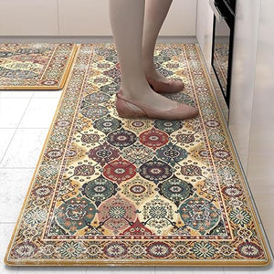 Anti Fatigue 2 Pieces Blue Kitchen Rugs Non Slip Waterproof Kitchen Floor Mats Cushioned Boho Kitchen Runner Rug Comfort Memory Foam Kitchen Mats for Floor,Front of Sink,Laundry Room