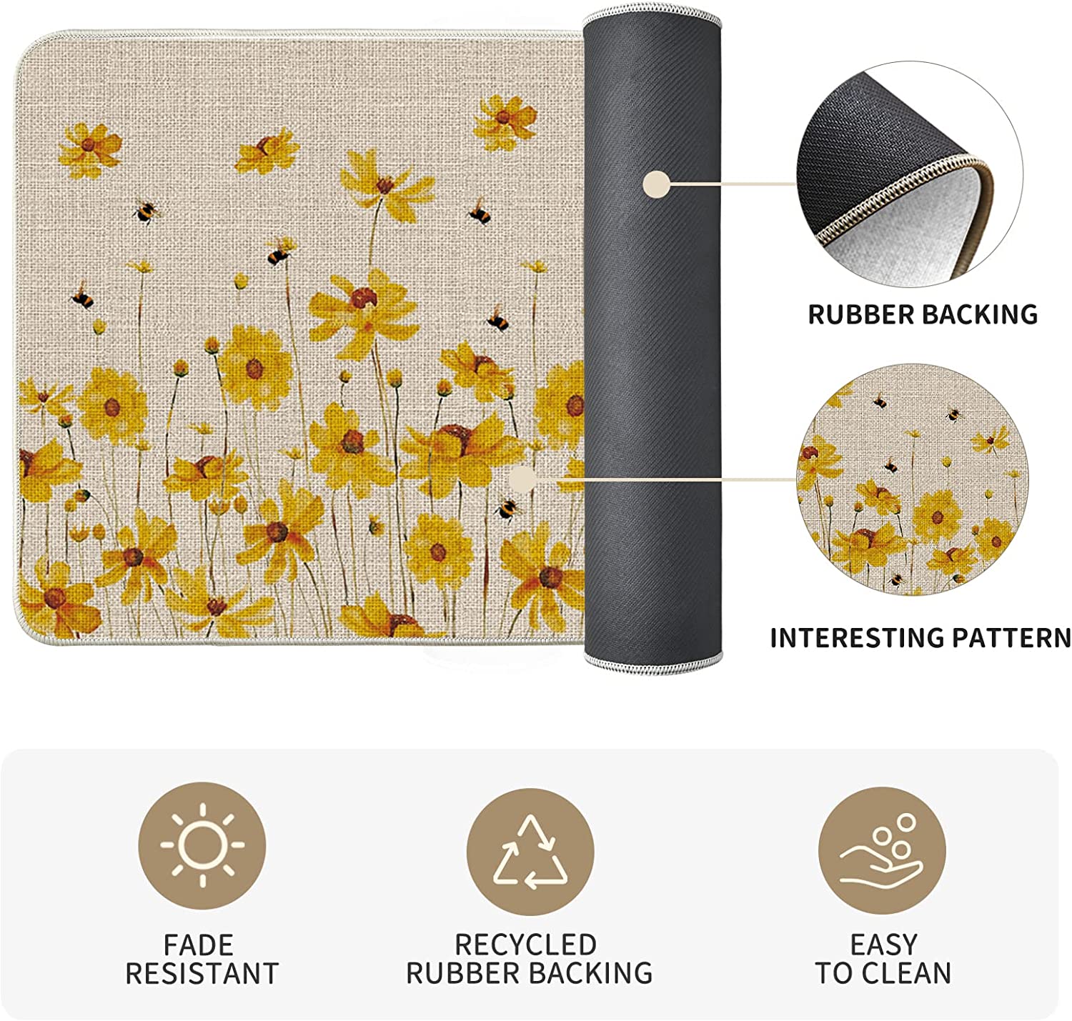 Bee Yellow Kitchen Mats for Floor, Flower Daisy Plaid Kitchen Rugs Set of 2  Carpet Area Rug, Floral Farmhouse Bee Kitchen Decor and Accessories Stuff,  Yellow Black White, 17x30 and 17x47 Inch 