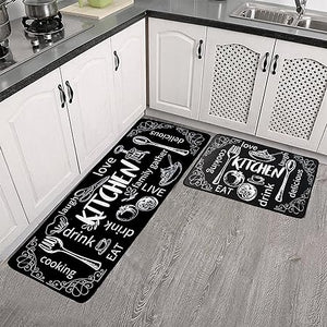 Set of 2 Non-Slip Grey Kitchen Farmhouse Rugs 16 x 31.5 in +16 x 47.3 in (Black Rugs)