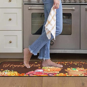 Non Skid Washable, Seasonal Fall Holiday Party Autumn Harvest Thanksgiving Kitchen Mat 17"x47"+17"x30"