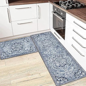 Boho Cushioned Anti Fatigue Waterproof Non Slip Kitchen Mat Set of 2, Blue (17"x47"+17"x28")