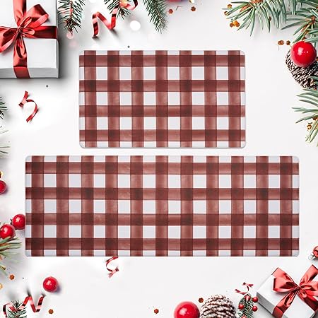 2 Piece Set Plaid Kitchen Mats for Floor Anti Fatigue Waterproof & Non-Skid Kitchen Rugs Cushioned Checkered