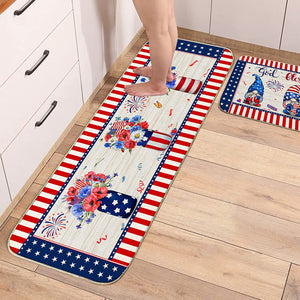 Set of 2 Piece Fourth of July Gnomes Stars Stripes Independence Day Floral Kitchen Mats