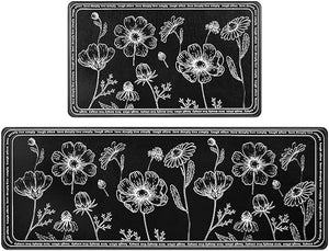 Set of 2 Cushioned Black Non-Slip Waterproof Kitchen Rugs, 17x29 and 17x47 Inch