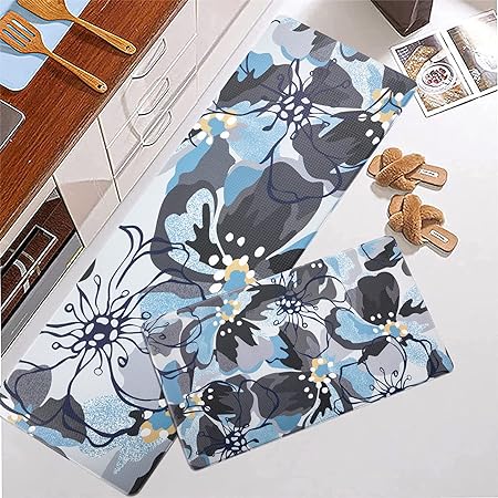 Floral Anti Fatigue 2 Pieces - 17.3’’x29.5’’ + 17.3’’x47.2’’ Comfort 0.4’’ Thick Cushioned Padded Waterproof Flowers Kitchen Rugs