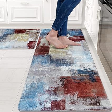 Modern Art Non Slip, Abstract Painting Cushioned Anti Fatigue, Waterproof  Kitchen Mats, 18'' x 48'' + 18'' x 30''