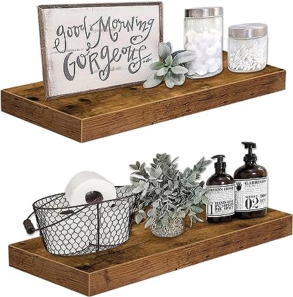 Floating Shelves Wall Shelf 24 inches Long Farmhouse Bathroom Decor Bedroom Kitchen Living Room Wall Mounted 24 x 9 inch Set of 2, Rustic Brown (008-60BN)