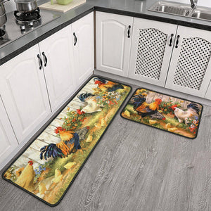 Set of 2, Farm Rooster Kitchen Mat, Seasonal Holiday Cooking Sets Washable Non-Slip Floor Mats for Home Kitchen Decor - 17x29 and 17x47 Inch