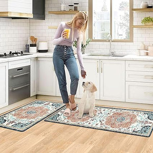 Boho Cushioned Anti Fatigue Waterproof Non Slip Kitchen Mat Set of 2, Blue (17"x47"+17"x28")