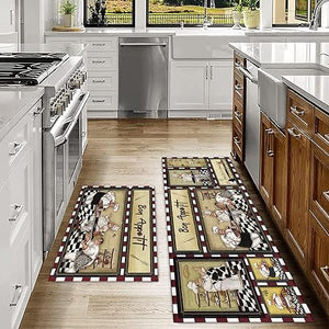 2 Piece Washable Non-Slip Black Boho Kitchen Mats