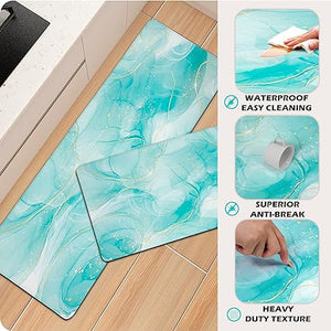 Sets 2 Gold Marble Abstract Cushioned Anti-Fatigue Non-Slip Memory Foam Comfort Standing Mat,  17.3''x 28''+17.3'' x 47''