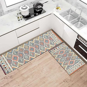 2 Piece Washable Non-Slip Black Boho Kitchen Mats