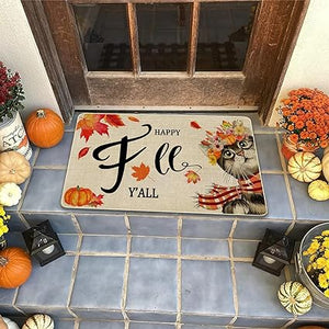 Happy Fall Yall Cat Doormat, Fall Door Mat Outdoor Entrance, Fall Outdoor Mats for Front Door Fall Door Decorations 17" x 30"